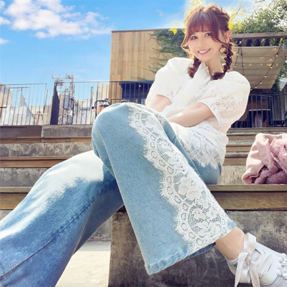 サイドレースデニムパンツ